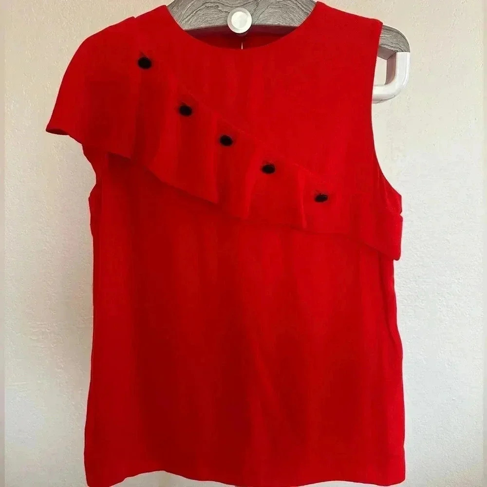 Maje Ruffled Front Lorena Red Top Size 3 - Picture 4 of 6